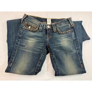 True Religion Joey Studded Jeans Size 26 Ultra Low Rise Y2K Flare Excellent Cond